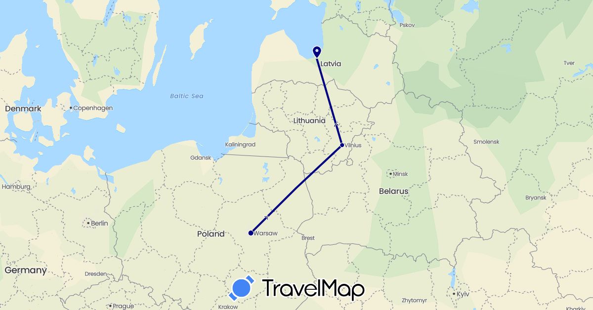 TravelMap itinerary: driving in Lithuania, Latvia, Poland (Europe)